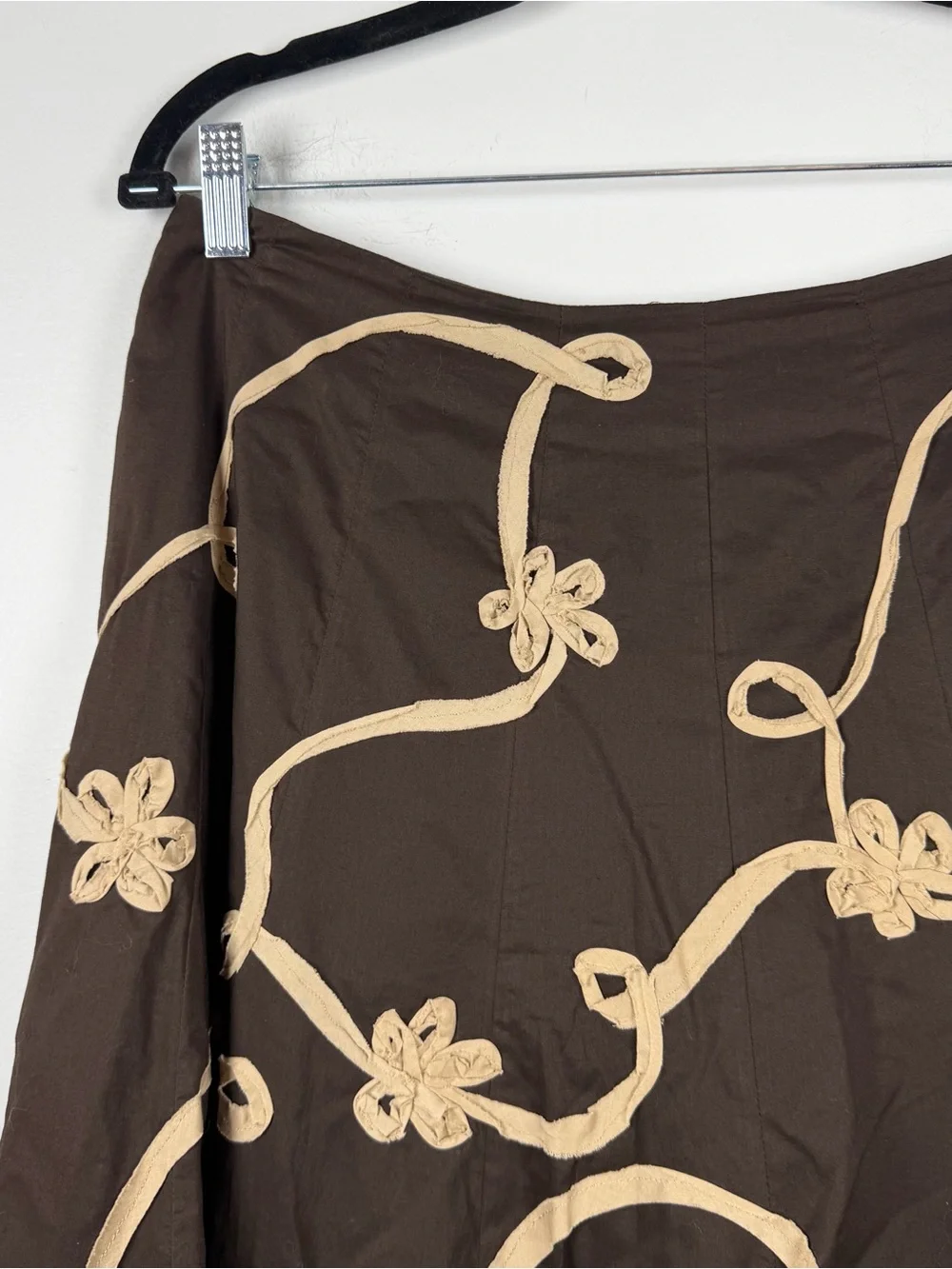 Sunny Leigh Y2K Brown Tan Floral Ribbon Appliqué Midi Skirt Fairy 100% Cotton 8